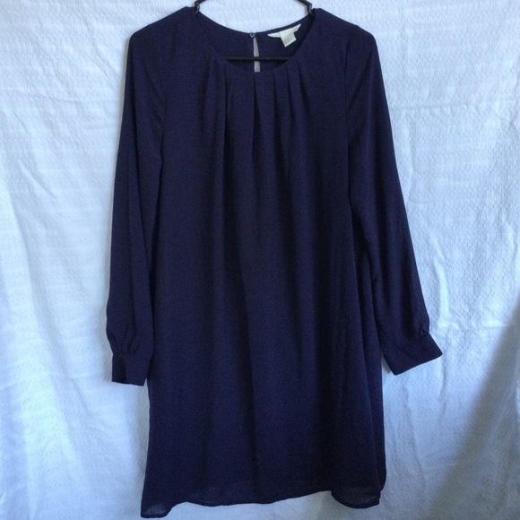 H&M Chiffon Shift Dress  Navy Blue Size 10 Lined Sheer Sleeves - Picture 3 of 14
